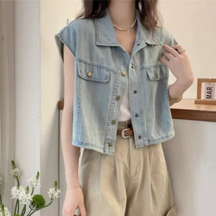 Polo領單排扣時尚飛飛袖牛仔馬甲-lululam