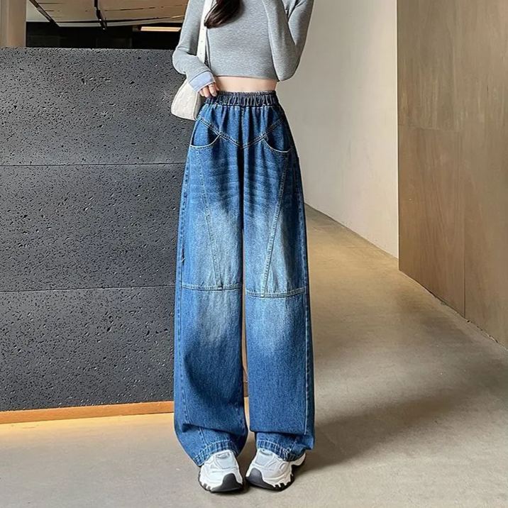 時尚大碼寬鬆顯瘦直筒闊腿鬆緊腰牛仔褲-lululam