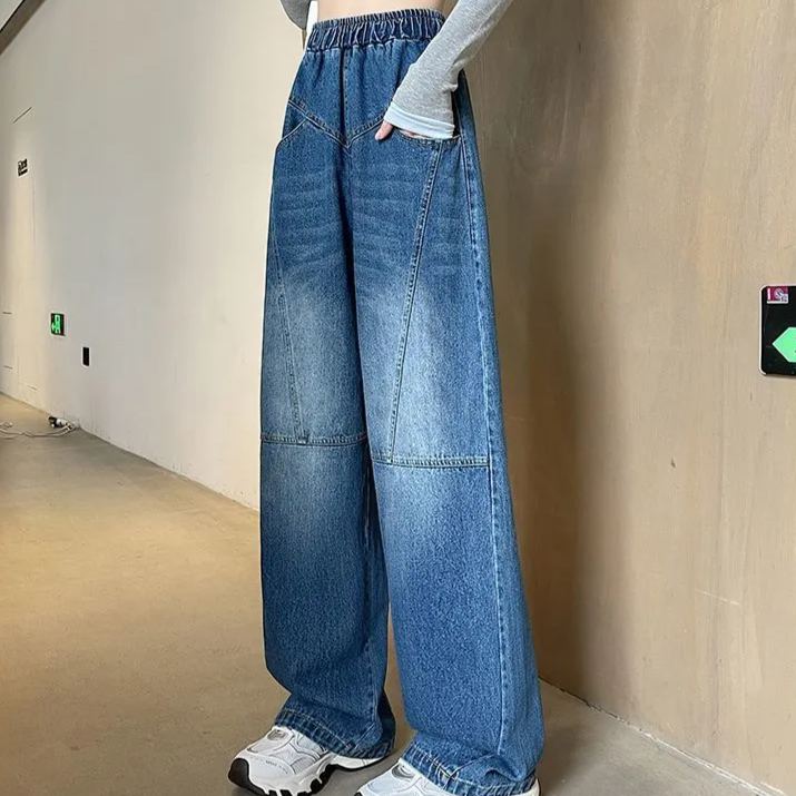 時尚大碼寬鬆顯瘦直筒闊腿鬆緊腰牛仔褲-lululam