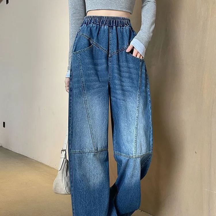 時尚大碼寬鬆顯瘦直筒闊腿鬆緊腰牛仔褲-lululam
