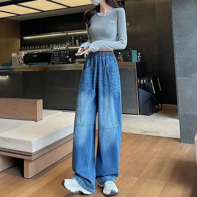 時尚大碼寬鬆顯瘦直筒闊腿鬆緊腰牛仔褲-lululam
