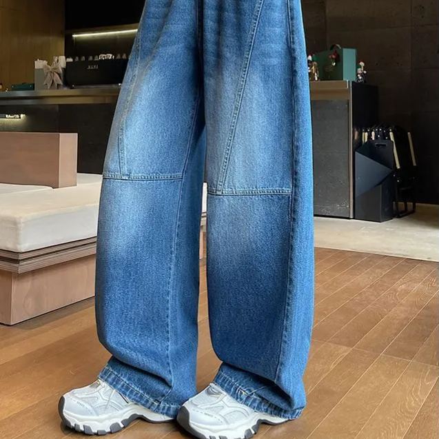 時尚大碼寬鬆顯瘦直筒闊腿鬆緊腰牛仔褲-lululam