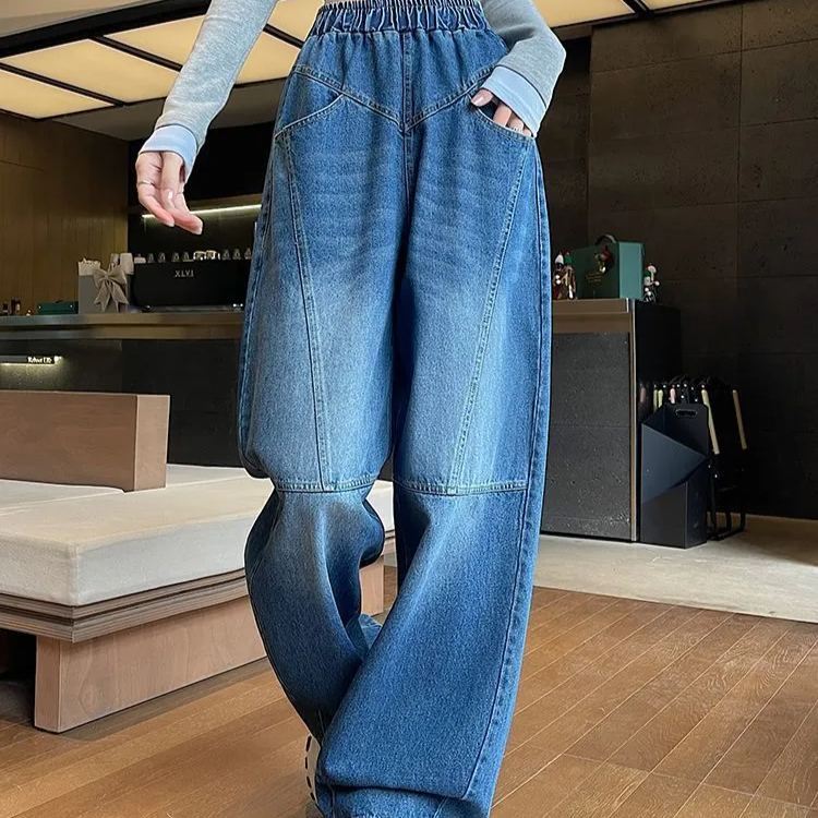 時尚大碼寬鬆顯瘦直筒闊腿鬆緊腰牛仔褲-lululam