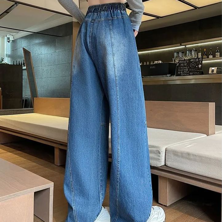 時尚大碼寬鬆顯瘦直筒闊腿鬆緊腰牛仔褲-lululam