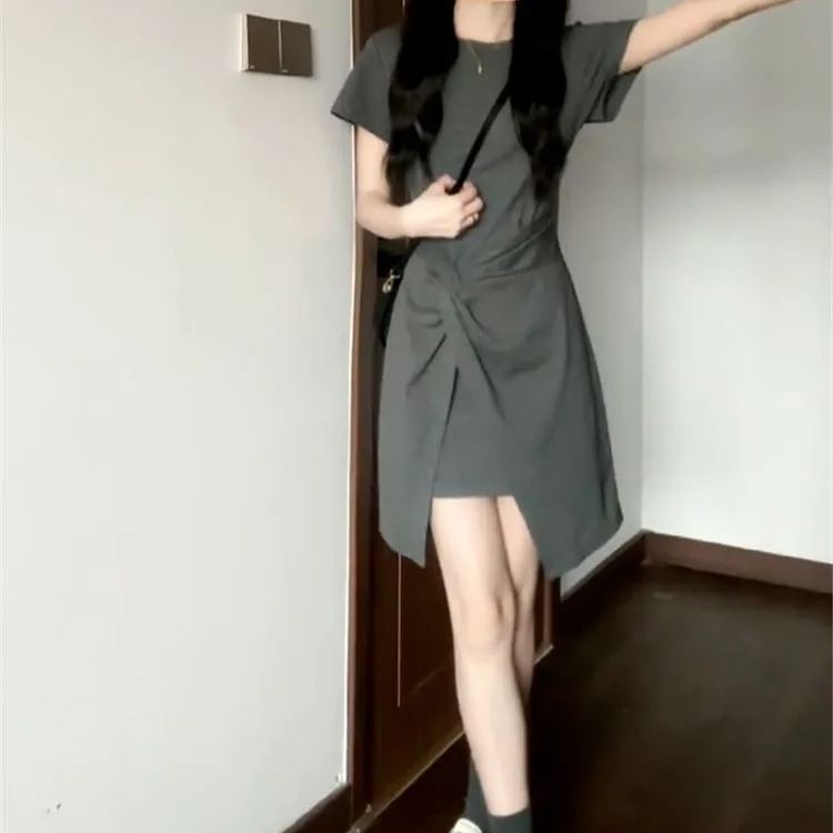 法式灰色氣質梨形身材小眾設計洋裝-lululam