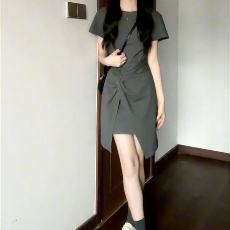 法式灰色氣質梨形身材小眾設計洋裝-lululam