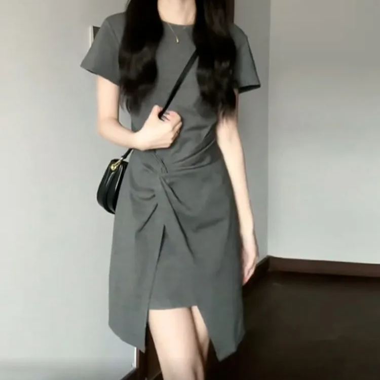 法式灰色氣質梨形身材小眾設計洋裝-lululam
