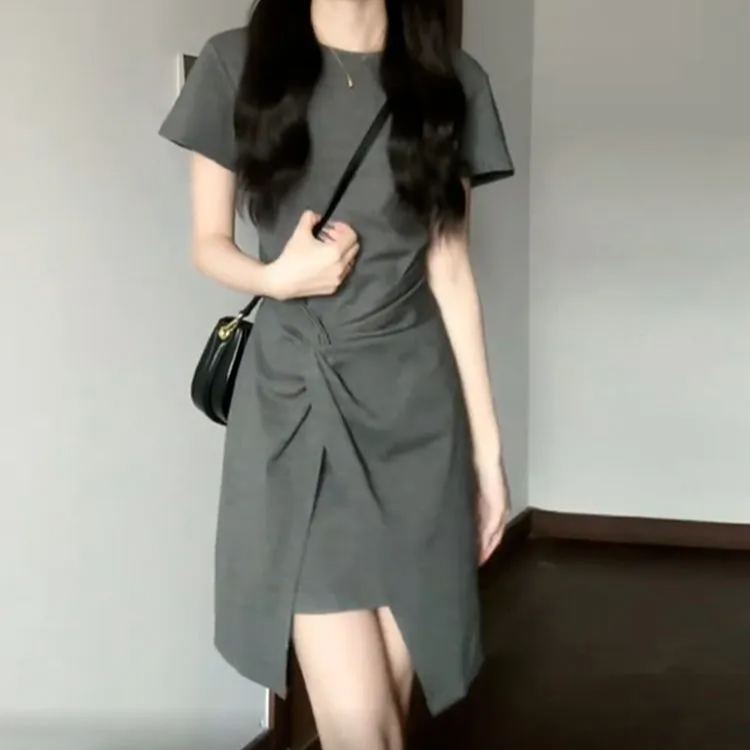 法式灰色氣質梨形身材小眾設計洋裝-lululam