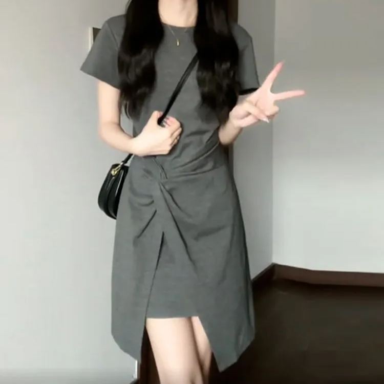 法式灰色氣質梨形身材小眾設計洋裝-lululam