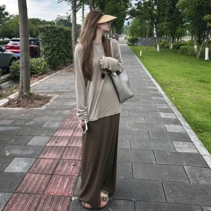 【單件/套裝】百搭長袖寬鬆T恤高腰半身裙子兩件套裝-lululam