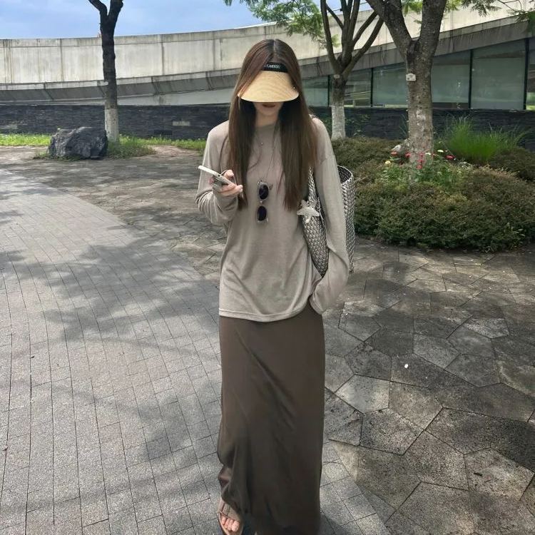 【單件/套裝】百搭長袖寬鬆T恤高腰半身裙子兩件套裝-lululam