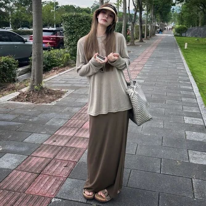 【單件/套裝】百搭長袖寬鬆T恤高腰半身裙子兩件套裝-lululam