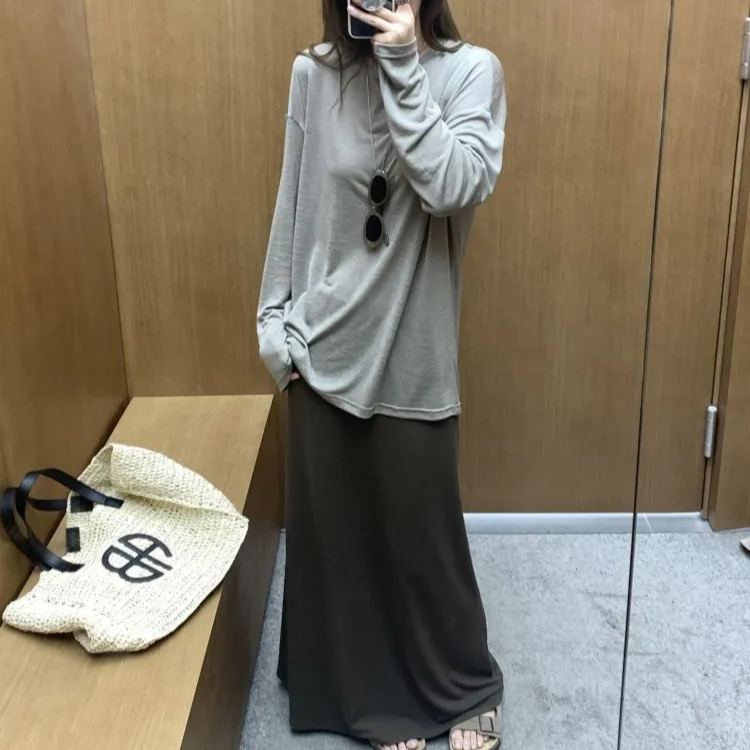 【單件/套裝】百搭長袖寬鬆T恤高腰半身裙子兩件套裝-lululam