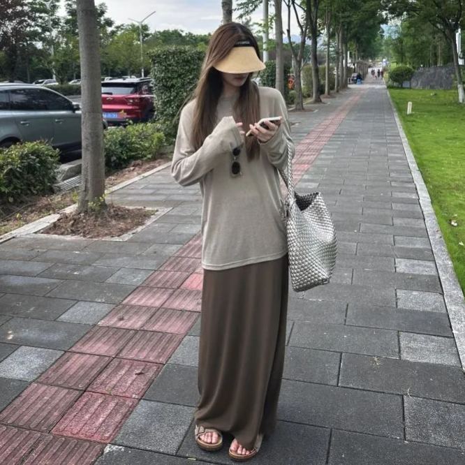 【單件/套裝】百搭長袖寬鬆T恤高腰半身裙子兩件套裝-lululam