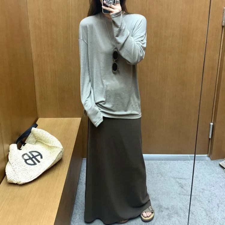 【單件/套裝】百搭長袖寬鬆T恤高腰半身裙子兩件套裝-lululam