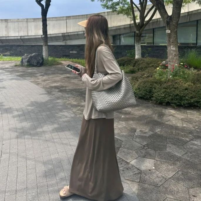 【單件/套裝】百搭長袖寬鬆T恤高腰半身裙子兩件套裝-lululam