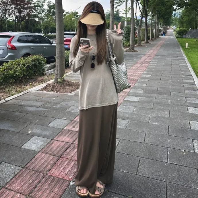 【單件/套裝】百搭長袖寬鬆T恤高腰半身裙子兩件套裝-lululam