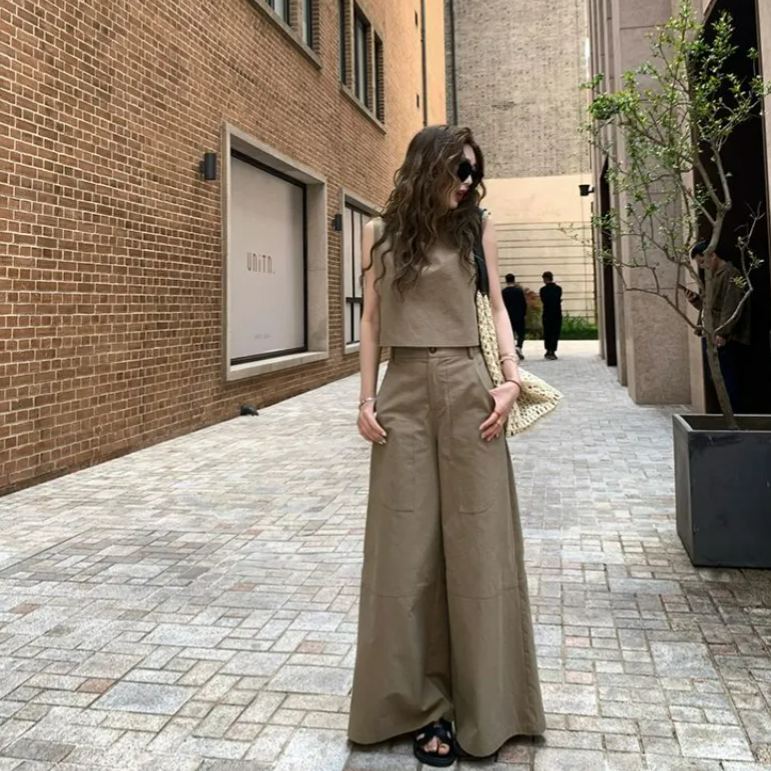 【單件/套裝】極簡設計兩穿無袖背心+寬鬆闊腿褲兩件套裝-lululam