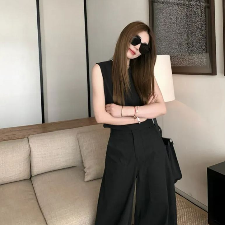 【單件/套裝】極簡設計兩穿無袖背心+寬鬆闊腿褲兩件套裝-lululam