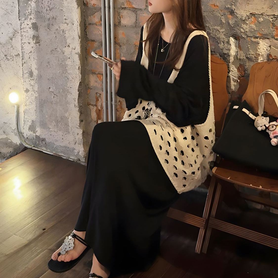 【單件/套裝】鬆弛感慵懶風鏤空馬甲連衣裙兩件套裝-lululam