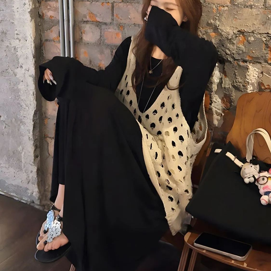 【單件/套裝】鬆弛感慵懶風鏤空馬甲連衣裙兩件套裝-lululam