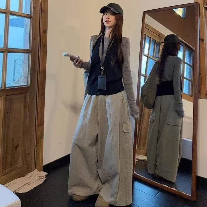 【單件/套裝】韓系大碼馬甲打底衫工裝褲疊穿三件套裝-lululam