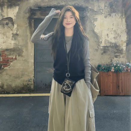 【單件/套裝】韓系大碼馬甲打底衫工裝褲疊穿三件套裝-lululam