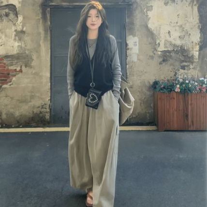 【單件/套裝】韓系大碼馬甲打底衫工裝褲疊穿三件套裝-lululam