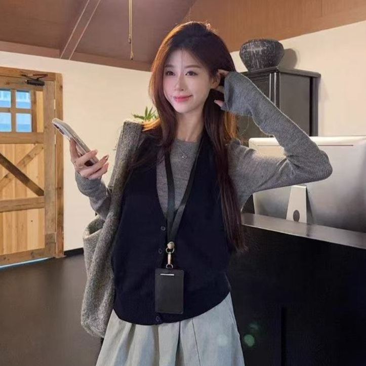 【單件/套裝】韓系大碼馬甲打底衫工裝褲疊穿三件套裝-lululam