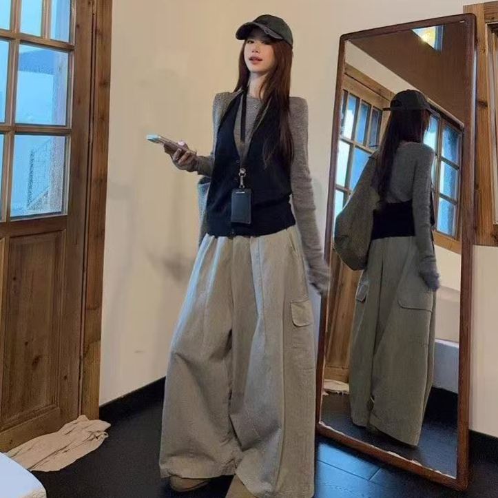 【單件/套裝】韓系大碼馬甲打底衫工裝褲疊穿三件套裝-lululam