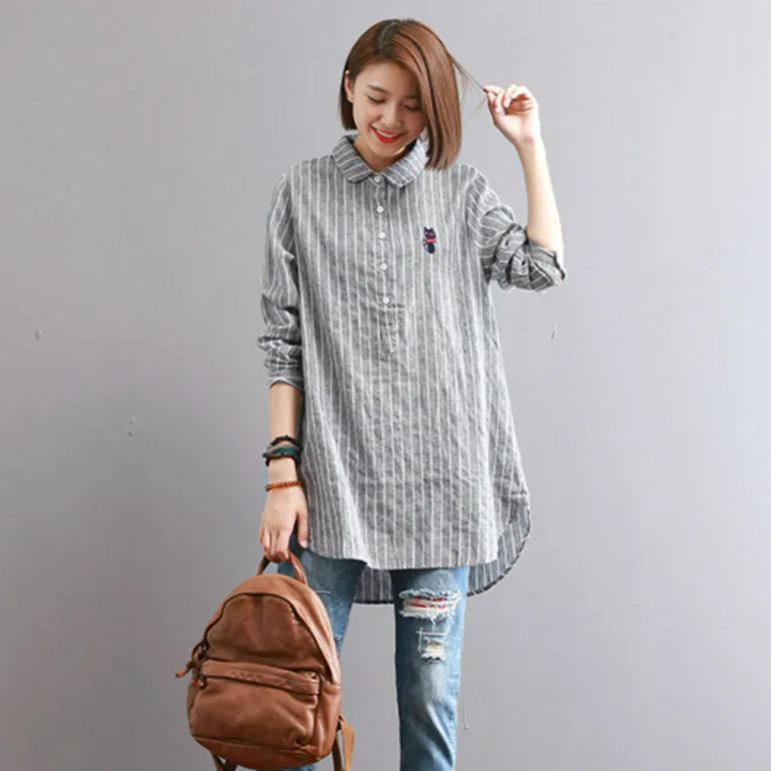 寬鬆中長款刺繡條紋長袖棉質娃娃領襯衫-lululam