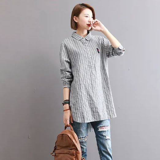 寬鬆中長款刺繡條紋長袖棉質娃娃領襯衫-lululam