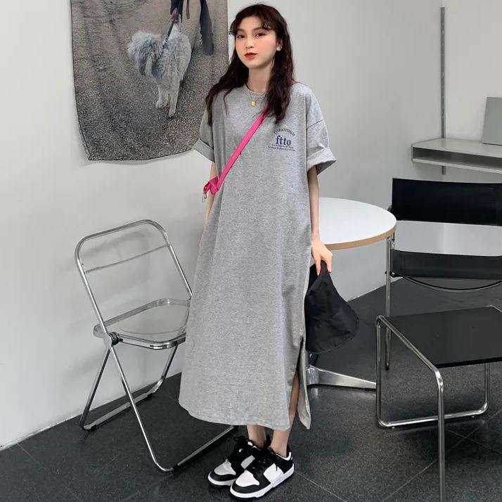 純棉bf風寬鬆休閑中長款大碼過膝連身裙-lululam