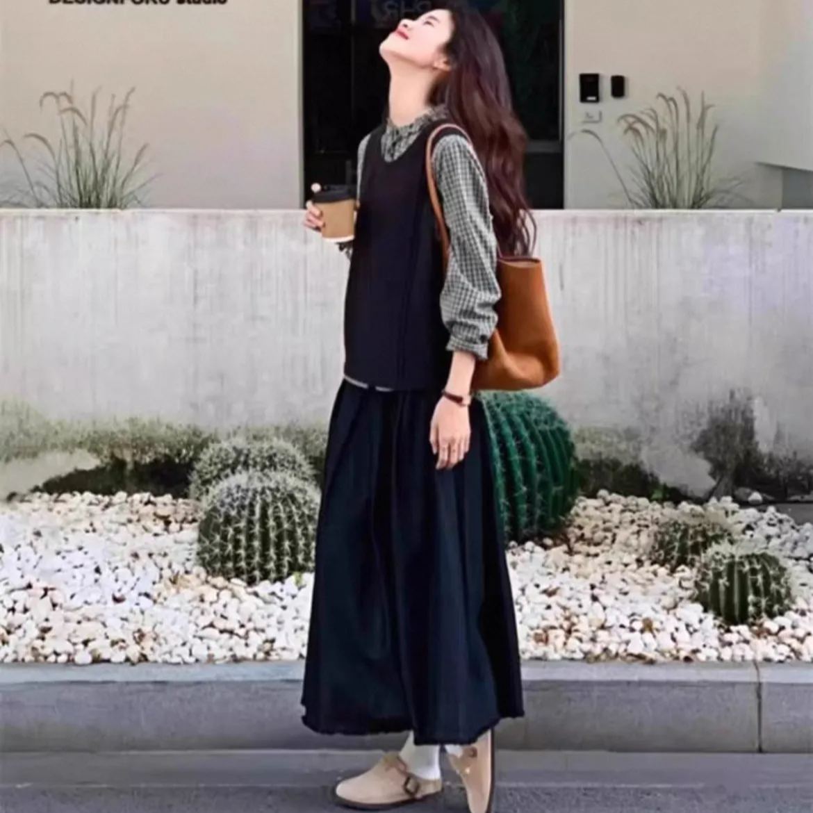 【單件/套裝】舒適格子襯衫+設計感馬甲+休閑半身裙三件套裝-lululam