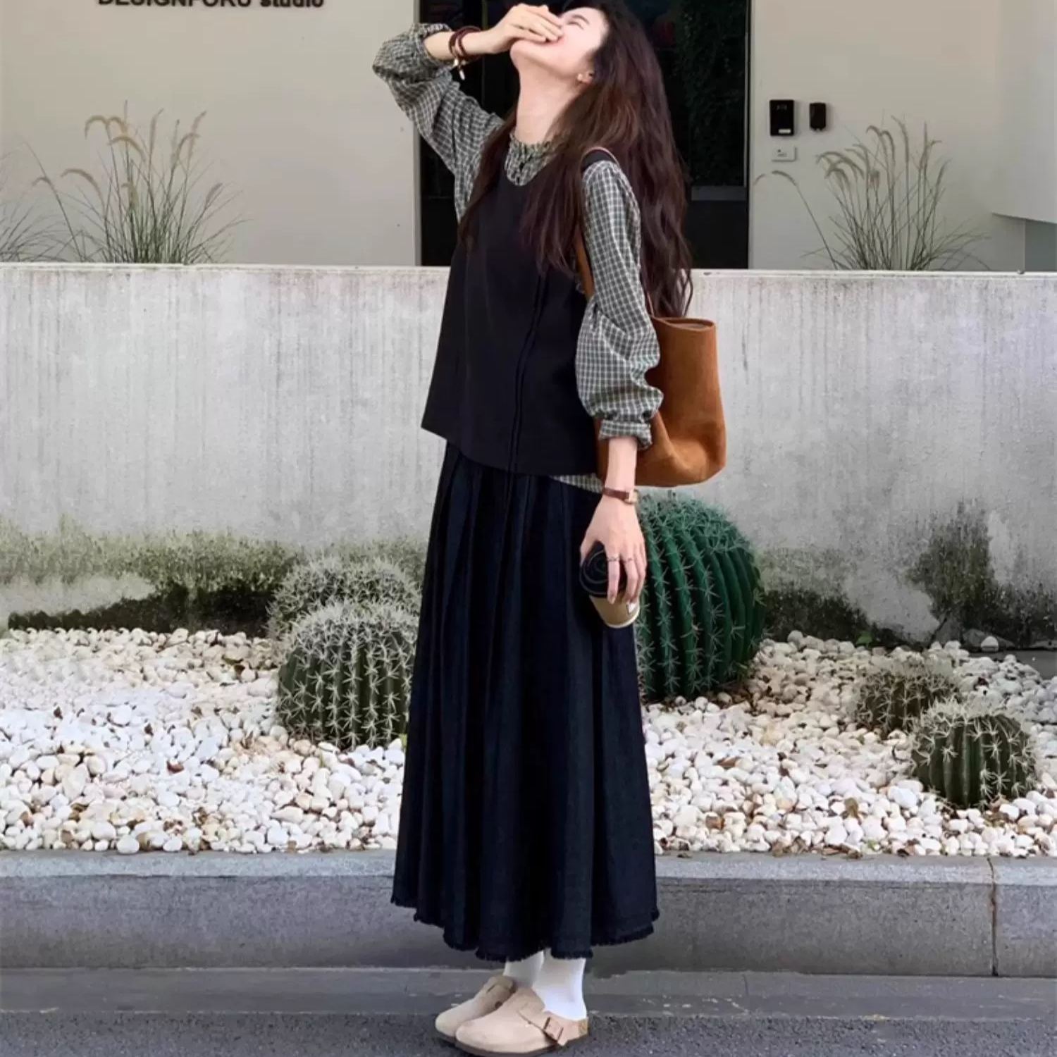 【單件/套裝】舒適格子襯衫+設計感馬甲+休閑半身裙三件套裝-lululam