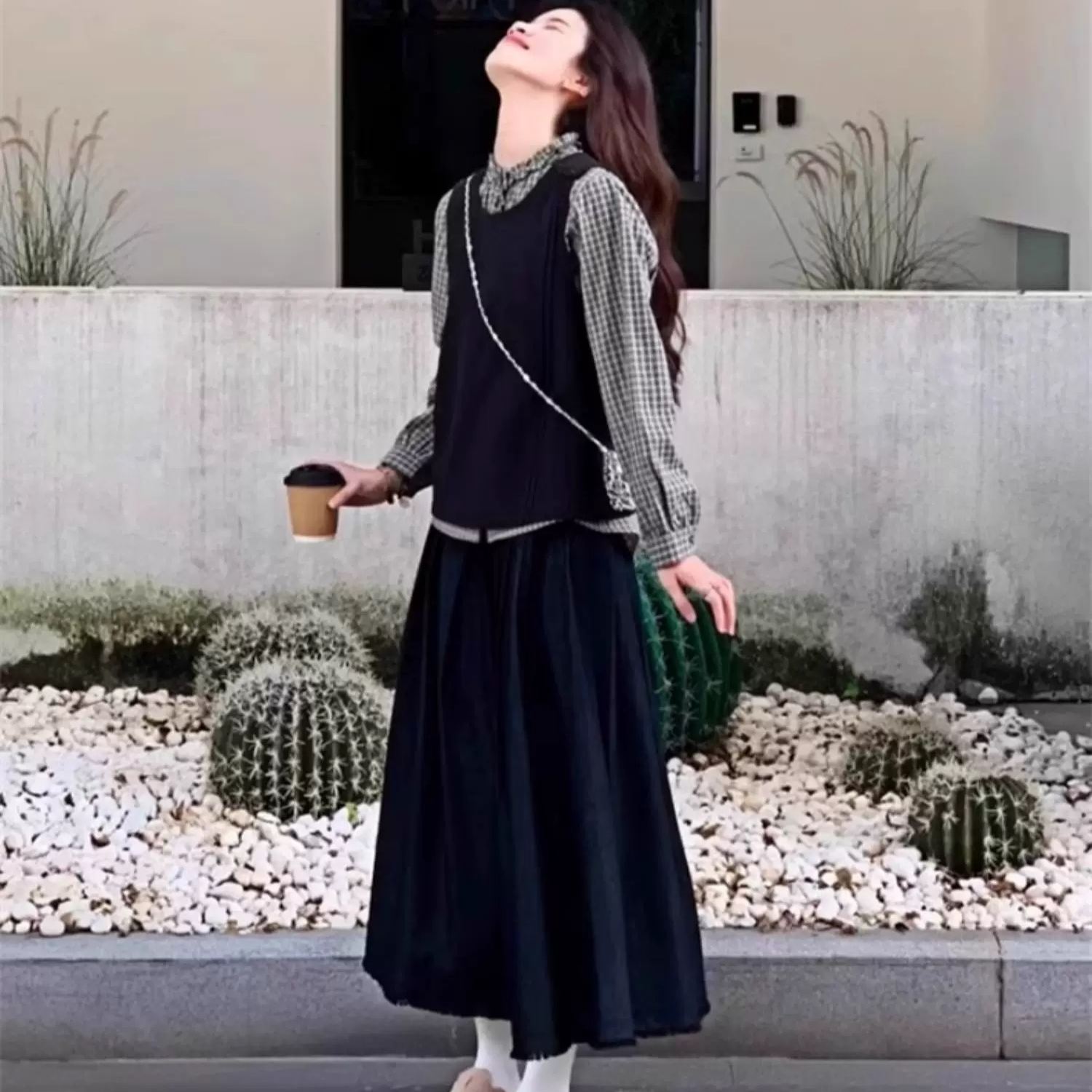 【單件/套裝】舒適格子襯衫+設計感馬甲+休閑半身裙三件套裝-lululam