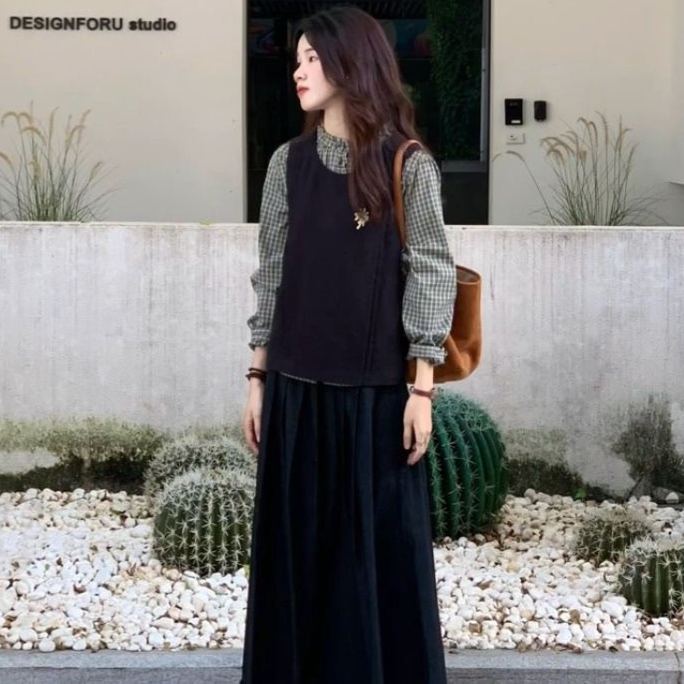 【單件/套裝】舒適格子襯衫+設計感馬甲+休閑半身裙三件套裝-lululam