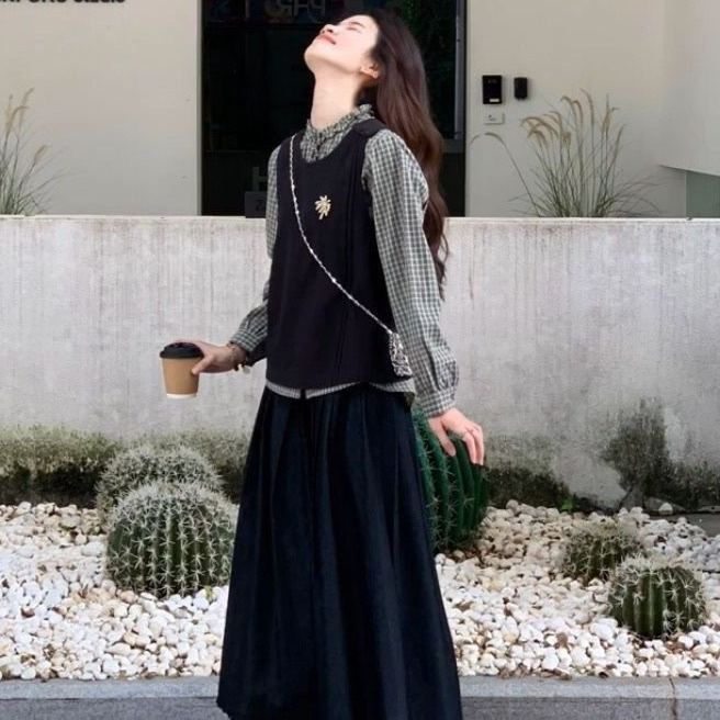 【單件/套裝】舒適格子襯衫+設計感馬甲+休閑半身裙三件套裝-lululam