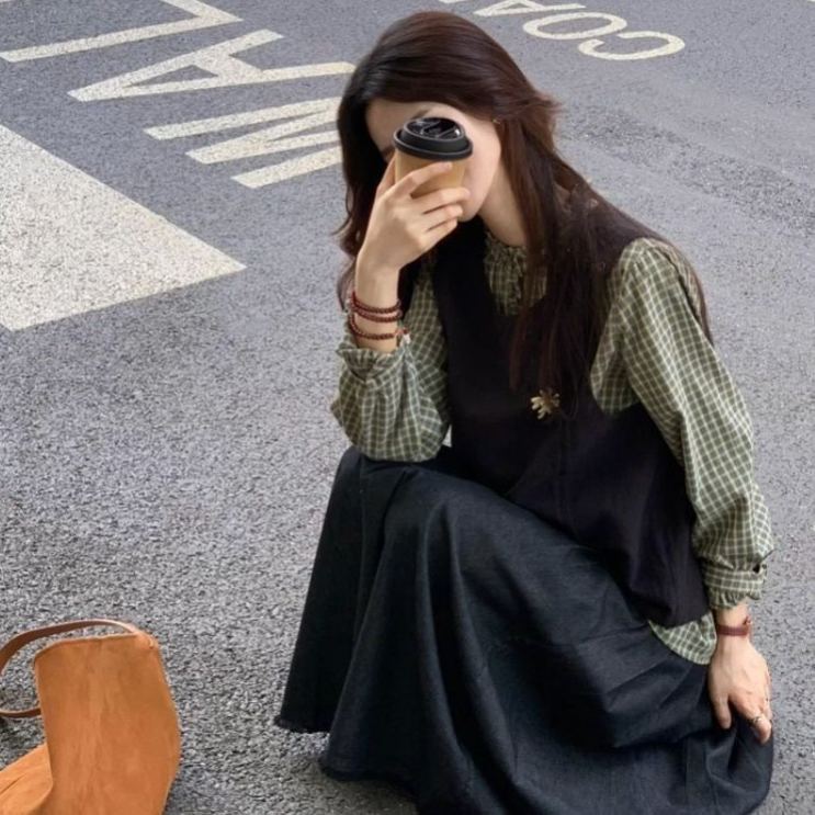 【單件/套裝】舒適格子襯衫+設計感馬甲+休閑半身裙三件套裝-lululam