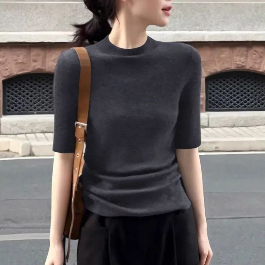 百搭顯瘦半高領五分袖內搭修身打底針織衫-lululam