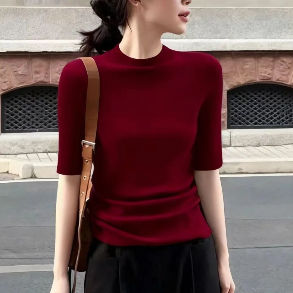 百搭顯瘦半高領五分袖內搭修身打底針織衫-lululam