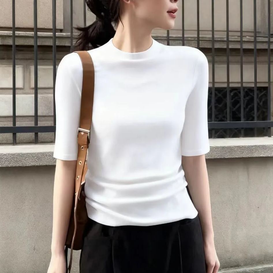百搭顯瘦半高領五分袖內搭修身打底針織衫-lululam