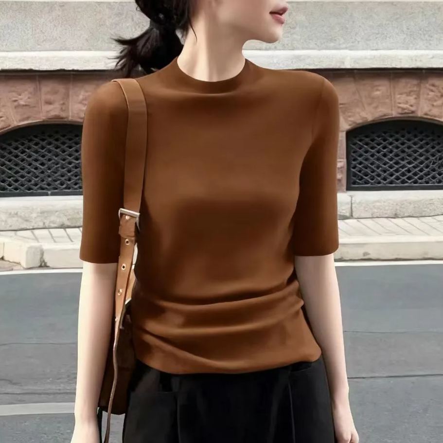 百搭顯瘦半高領五分袖內搭修身打底針織衫-lululam