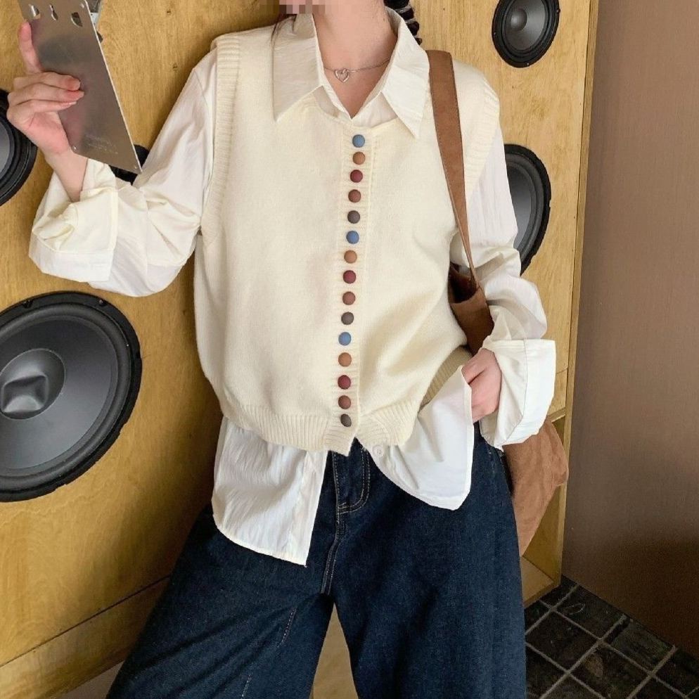 【單件/套裝】彩虹紐扣針織馬甲+通勤遮肉長袖襯衫兩件套-lululam