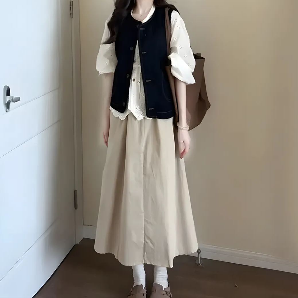 【單件/套裝】法式學院風牛仔開衫馬甲++長袖襯衫+茶歇半身裙三件套-lululam