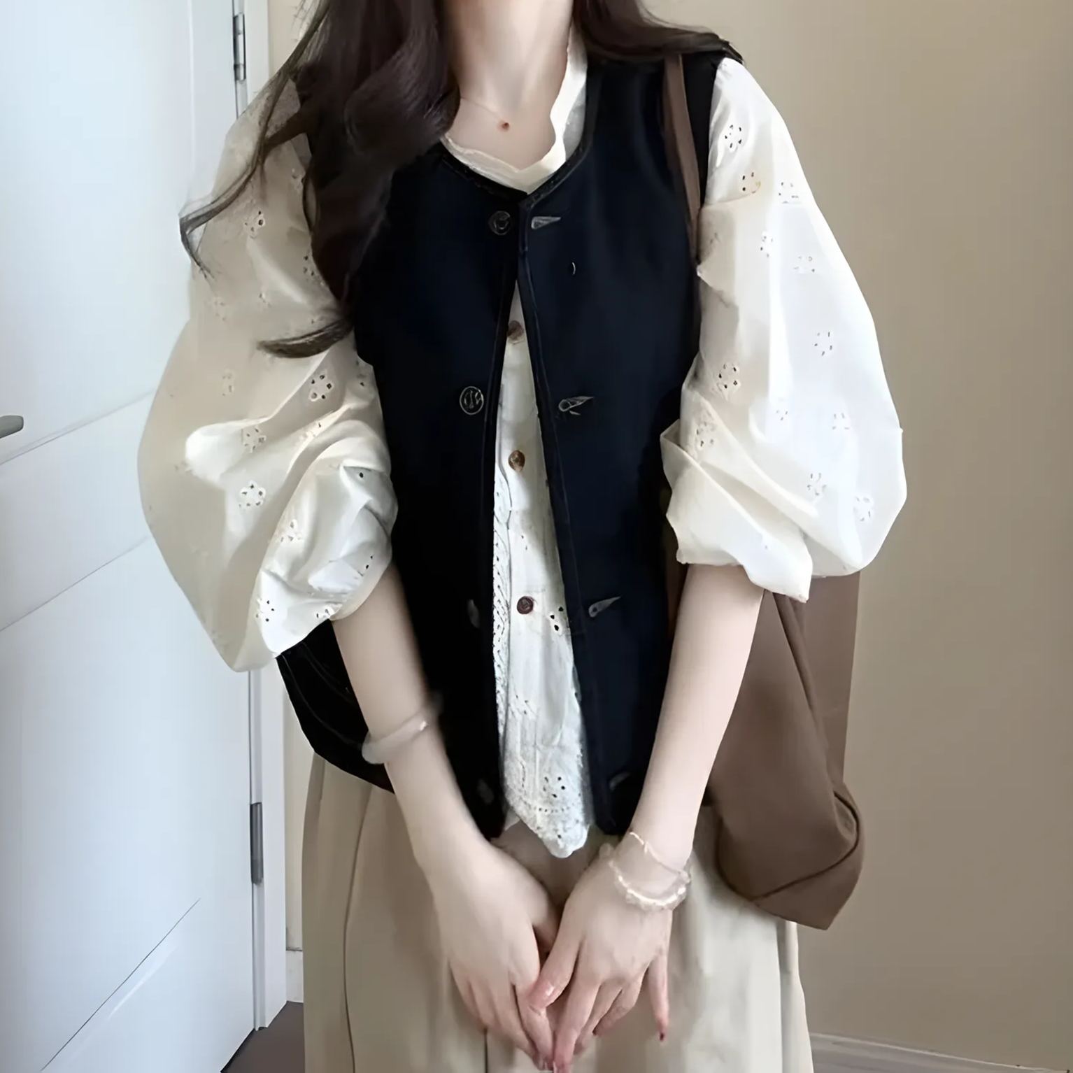 【單件/套裝】法式學院風牛仔開衫馬甲++長袖襯衫+茶歇半身裙三件套-lululam