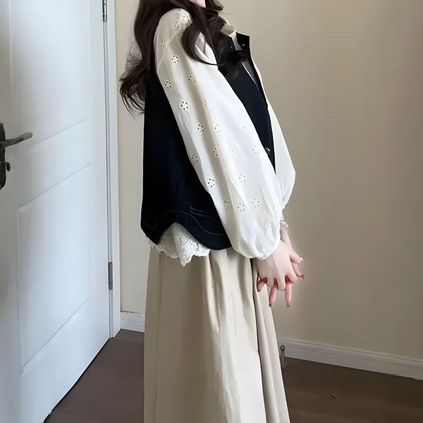 【單件/套裝】法式學院風牛仔開衫馬甲++長袖襯衫+茶歇半身裙三件套-lululam