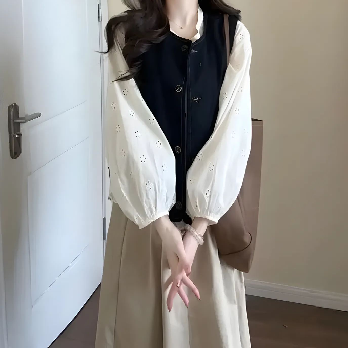 【單件/套裝】法式學院風牛仔開衫馬甲++長袖襯衫+茶歇半身裙三件套-lululam