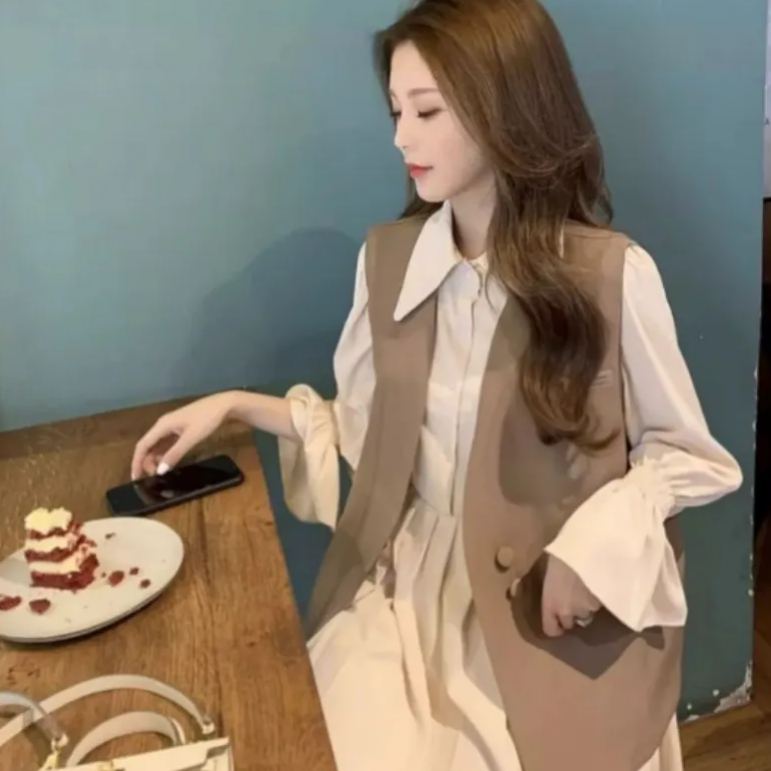 【單件/套裝】寬鬆馬甲+顯瘦洋氣襯衫百褶洋裝套裝-lululam