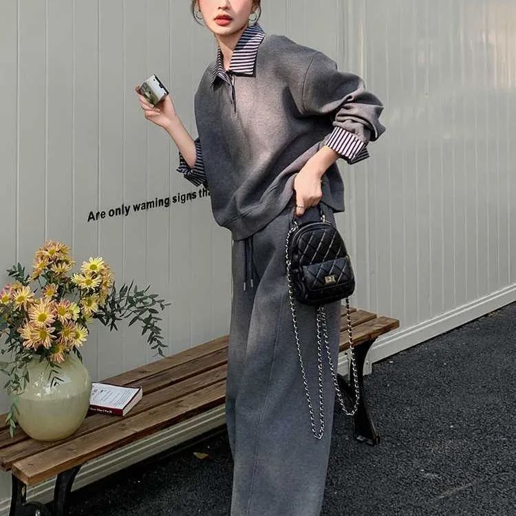 polo領休閒運動寬鬆顯瘦薄款衛衣衛褲兩件套裝-lululam